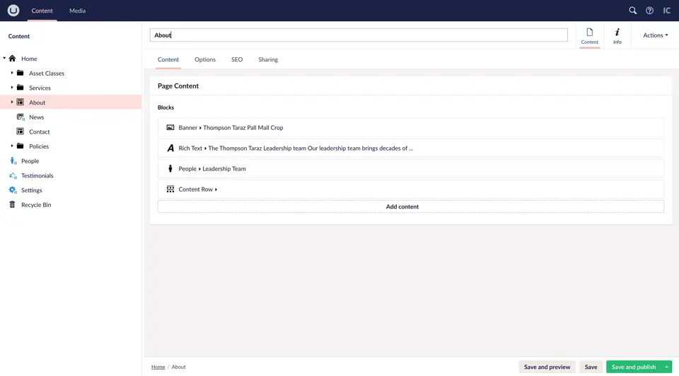 Umbraco page content view backoffice
